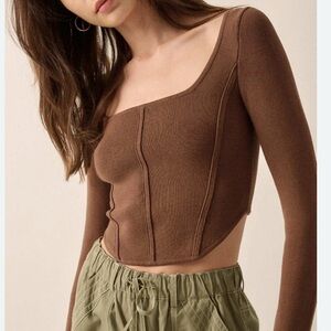 3/$15 PROMISE cropped brown square neck sweater